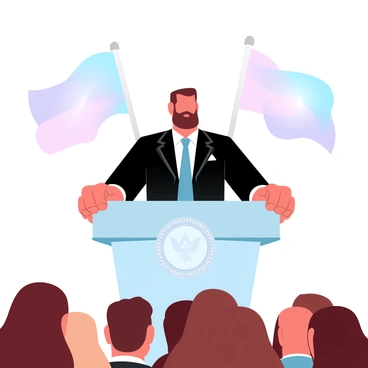 A prime minister is standing confidently at a podium, gripping the edges with both hands. The podium has a symbol of the government prominently displayed. Behind the prime minister, two national flags are waving gently, their colors vibrant against a soft backdrop. The audience is visible in the foreground, attentively listening to the speech. The lighting is warm and creates a welcoming atmosphere.