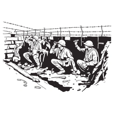 A group of soldiers wearing helmets is stationed in a muddy trench during World War I. The trench walls are reinforced with wooden planks, and the ground is saturated with rainwater, creating puddles of mud. Barbed wire is strung across the top of the trench, creating a barrier that extends into the distance. The soldiers are crouched down, some looking through binoculars while others are communicating with each other, their expressions serious as they remain alert to their surroundings. Bits of debris and discarded equipment can be seen scattered on the ground, adding to the chaotic atmosphere.