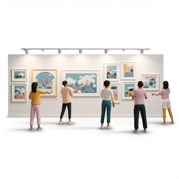 An array of colorful illustrations is displayed at an exhibition titled "Illustration Ltd." The showcase features various pieces, each with distinct themes and vibrant color palettes. Some illustrations depict whimsical landscapes with bright flowers and playful creatures, while others feature abstract designs with geometric shapes and bold hues. Each piece is framed elegantly, allowing for easy viewing. The setting includes soft lighting that highlights the rich colors and intricate details of the illustrations. Visitors can be seen admiring the artworks, pointing and discussing with one another.