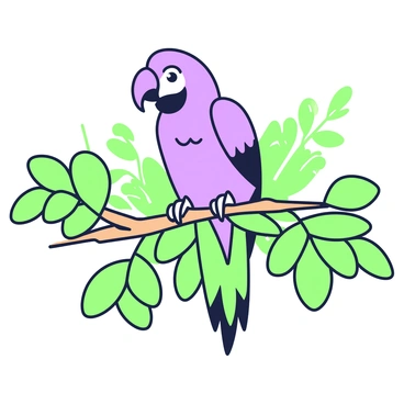 A tropical parrot is perched on a branch covered in lush green leaves. The parrot is vibrant, showcasing a mix of feathers that reflect a variety of colors. Its beak is large and curved, appropriate for its diet of fruits and nuts. The branch has various green leaves, some larger and more defined, while others are smaller and delicate. In the background, additional foliage can be seen, enhancing the scene's natural environment. The parrot's eyes are bright and attentive, scanning its surroundings.