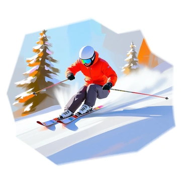 A skier with a bright red jacket and black pants is executing a braking maneuver on a snowy slope. The skier is leaning back slightly, bending their knees and angling their skis outward to create a spray of snow. In the background, tall evergreen trees are dusted with snow, and the sky is a clear blue. The slope has a gentle curve, and a few ski tracks can be seen behind the skier. The sunlight casts soft shadows on the snow, highlighting the crisp winter day.