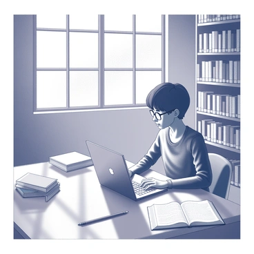 A student is seated at a wooden study table in a library, surrounded by tall bookshelves filled with books. The student has a focused expression, with both hands on the keyboard of a laptop. Sunlight streams through large windows, casting bright patterns across the table and illuminating the pages of an open notebook nearby. A stack of books is placed to one side, while a solitary pencil lies next to the notebook. The atmosphere conveys a sense of concentration and diligence.