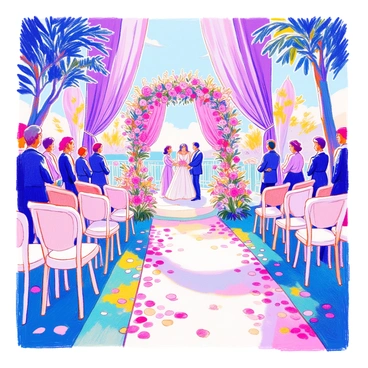 A romantic wedding scene features a beautifully arranged altar adorned with "purple flowers" cascading elegantly. There are "elegant purple drapery" hanging softly in the background, creating a dreamy atmosphere. Rows of white chairs with floral arrangements flank the aisles. The ground is covered with soft green grass, enhancing the vibrant colors. In the distance, guests are dressed formally, capturing the joyful spirit of the occasion.