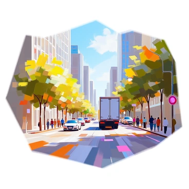 A busy urban street filled with activity. A large transport truck is driving down the road, its cargo area visible. Towering skyscrapers line both sides of the street, with glass windows reflecting the sunlight. Pedestrians are walking along the sidewalks, and several cars are parked along the curb. The sky is clear, providing a bright backdrop to the bustling scene. Trees are planted along the street, adding a touch of greenery to the urban environment.