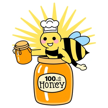 A retro-style poster featuring a cartoon bee with a big smile, wearing a small chef's hat and holding a golden jar of honey in its tiny hands. The bee has black and yellow stripes, large expressive eyes, and tiny wings that are slightly spread. Behind the bee, there are bright yellow rays emanating outwards, creating a lively background. The jar of honey is decorated with a label that says "100% Pure Honey" in bold, fun lettering. The overall color scheme is vibrant, with a mix of yellows, oranges, and a hint of blue to make the poster eye-catching.