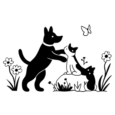 A black dog standing on its hind legs playfully nudging a curious cat with its front paw. The cat is sitting on a patch of grass, looking slightly tilted in response to the dog's actions. Surrounding them are various flowers blooming in the garden, with tall grass swaying gently in the breeze. A few butterflies flutter around, creating an atmosphere of playfulness in the scene. The sunlight casts distinct shadows on the ground, highlighting the joyful interaction between the two animals.