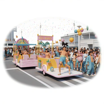 A vibrant street parade featuring multiple floats adorned with bright decorations and colorful banners. Participants are wearing a variety of colorful attire, including feathered headdresses, sequined costumes, and bright accessories. Some participants are dancing joyfully, while others are waving to the crowd. The atmosphere is lively, with balloons and streamers floating in the air, and the streets are lined with excited spectators watching the festivities.
