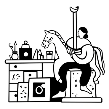 An artisan with a focused posture is delicately restoring an old carousel horse. The artisan is seated at a wooden workbench cluttered with tools such as brushes, paint pots, and carving instruments. The carousel horse, adorned with intricate details, is partially stripped of its old paint, revealing the wood underneath. The artisan is applying fresh paint with a fine brush, capturing the horse's ornate saddle and mane. Nearby, there are pieces of reference photos showing various carousel designs, hinting at the artist’s attention to authenticity. The scene invokes a sense of craftsmanship and dedication to preserving the beauty of the carousel horse.