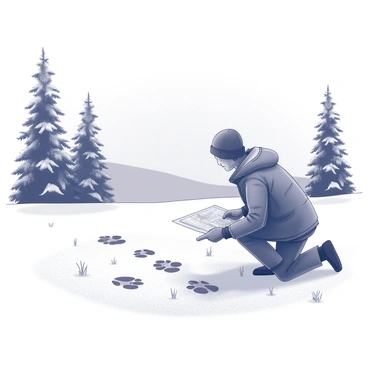 A wildlife tracker is kneeling on a snowy terrain, examining a series of animal footprints embedded in the fresh snow. The tracker is dressed in warm clothing, with a thick jacket and a hat. In one hand, they hold an unfolded map, while the other hand is pointing towards the footprints. Surrounding them are tall pine trees dusted with snow, creating a serene wilderness atmosphere. The ground is covered in a thick layer of white snow, and small tufts of grass peek through in places. The sky is overcast, adding a hint of mystery to the scene.