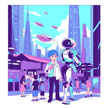 A vibrant futuristic cityscape filled with towering skyscrapers made of glass and metal, reflecting sunlight. In the foreground, a young inventor with short blue hair stands proudly next to their new invention, a sleek, metallic robot with glowing teal accents. The robot is highly polished and has expressive eyes, showcasing its friendly demeanor. Surrounding the inventor, diverse groups of humans and robots interact, with some robots assisting people and others engaging in conversations. In the background, hovering vehicles zoom through the sky, while neon lights illuminate the streets below, creating a lively atmosphere.