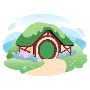 A quaint hobbit home is nestled into a lush hillside, featuring a round green door at its center. The home is built with rustic wooden beams and has a thatched roof covered in vibrant green moss. Surrounding the entrance are colorful flowers and shrubs that add to the charm of the scene. The hillside is dotted with patches of soft grass and small rocks, creating a natural landscape. In the background, gentle rolling hills can be seen under a clear blue sky.