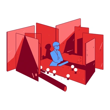 A red conceptual art installation featuring multiple transparent glass panels arranged in a geometric pattern. Each panel reflects light in different directions, creating a dynamic interplay of shadows on the ground. In the center of the installation, there is a large blue sculpture shaped like a human figure, representing the essence of thought and introspection. Surrounding the sculpture are small white light bulbs that illuminate the installation, creating a contrast against the red panels. The scene invites viewers to engage with the thought-provoking elements of the installation.