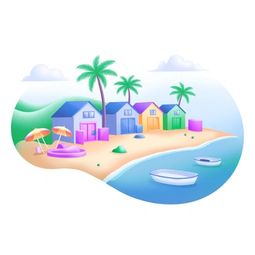 A modern pastel illustration of a quaint coastal village featuring a row of colorful houses, each painted in shades of blue, pink, yellow, and green. The houses are closely aligned along the sandy beach, with some palm trees providing shade. The beach is dotted with beach umbrellas and small boats gently bobbing in the water. In the background, clear blue skies and a few fluffy clouds complete the peaceful scene.