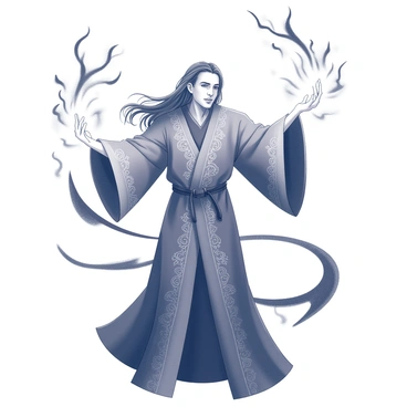 A wizard stands in a powerful pose, their arms raised as they cast a spell. They are wearing a long, flowing robe adorned with intricate patterns. Dark energy swirls around them, depicted as sharp, jagged lines creating a sense of movement and intensity. The wizard's face is focused and determined, with long hair flowing dramatically as if caught in a gust of wind. Their hands emit flashes of energy, hinting at the potency of the forbidden magic being summoned. The setting is dark and foreboding, enhancing the atmosphere of the scene.