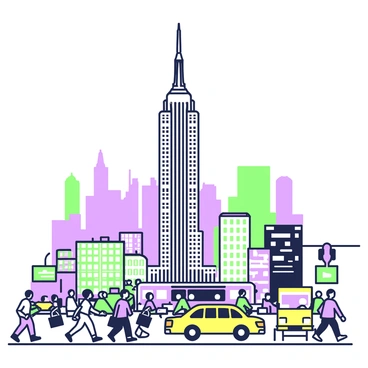 The Empire State Building stands tall amidst the New York City skyline. The iconic skyscraper features its recognizable spire at the top. Below, a busy street is filled with people rushing to their destinations. Groups of pedestrians are crossing the streets, some with briefcases and others with shopping bags. Yellow taxis and buses navigate through the traffic. In the background, other skyscrapers surround the Empire State Building, creating a dense urban environment. The scene captures the dynamic atmosphere of the city during rush hour.