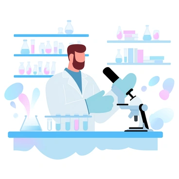 A clinical researcher in a white lab coat is focused on analyzing samples. The researcher is standing at a laboratory counter with several test tubes arranged neatly, each containing colorful liquids. There are laboratory equipment and instruments like pipettes and microscopes scattered around the workspace. In the background, shelves are filled with more test tubes, beakers, and scientific books. The atmosphere is filled with a sense of precision and professionalism as the researcher carefully examines the samples.