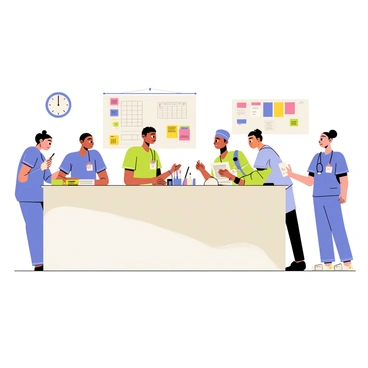 A busy nurse station featuring a large, rectangular reception desk with a smooth, white surface. Several nurses in scrubs of various colors are engaged in conversation and attending to tasks. One nurse is typing on a computer while another is holding a clipboard and discussing a patient's care with a colleague. A bulletin board filled with colorful notes and schedules is mounted on the wall behind them. Various medical supplies, such as pens and sticky notes, are scattered across the desk. The atmosphere is lively, with the nurses wearing expressions of focus and collaboration. A wall clock is visible, indicating the time.