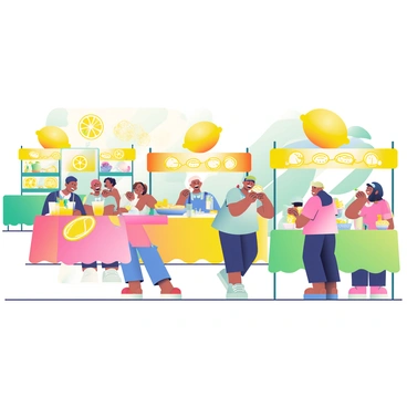 A vibrant festival scene is filled with lemon-themed decorations, including large yellow balloons shaped like lemons and banners featuring bright lemon graphics. Colorful food stalls are lined up, each adorned with cheerful yellow and green tablecloths. One stall showcases various lemon-infused treats, such as lemon tarts and lemonade served in clear cups with yellow straws. Another stall displays a selection of fresh lemons and lemon-scented candles. Attendees are enjoying the festivities, some are tasting lemon-flavored snacks, while others are participating in games, with laughter and chatter filling the air. The sun is shining brightly, casting a warm glow over the lively atmosphere.