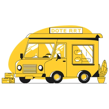 A yellow bread truck is parked in front of a bakery. The bakery's windows show warm light glowing from within, illuminating the early morning scene. The dawn sky is starting to lighten, casting subtle shadows on the sidewalk. The bakery's sign is visible above the door, and a few loaves of bread are displayed in the window. A couple of empty crates are stacked near the truck, and a small plant is positioned by the entrance of the bakery.