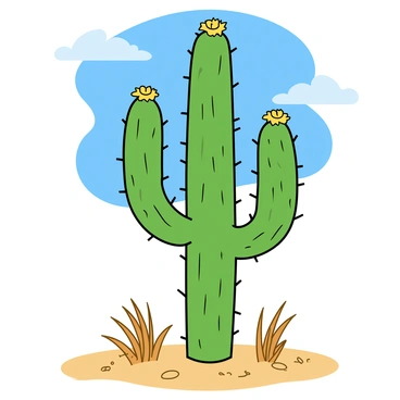 A tall green cactus with multiple arms extending upwards, each adorned with small, vibrant yellow flowers. The cactus has a few visible thorns, adding to its rugged appearance. Surrounding it is dry sandy soil scattered with small pebbles. Sparse patches of brown grass are visible in the background, emphasizing the harsh environment. The sky above is clear and bright blue, with a few fluffy white clouds gently floating by, providing a sense of contrast to the arid landscape. The scene showcases the cactus standing tall and strong, symbolizing resilience in nature.