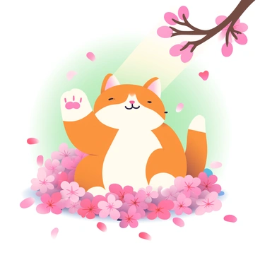 A lucky cat with a white and orange coat is nestled among a vibrant sea of pink cherry blossom petals. The cat is sitting with its right paw raised in a beckoning gesture. Delicate cherry blossoms in various shades of pink surround the cat, some petals gently floating down around it. The background features soft green hues that complement the pink petals, creating a serene atmosphere. Sunlight filters through the cherry tree branches, casting dappled light on the scene.