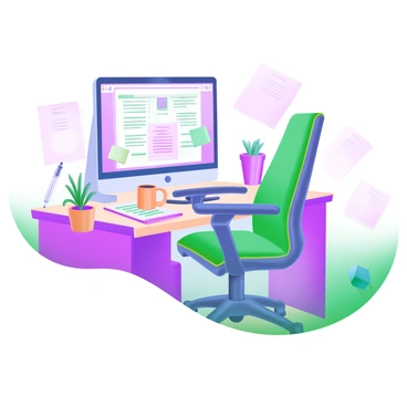 A modern pastel illustration depicting an office chair positioned in front of a cluttered desk. The desk is covered with scattered papers of various colors, along with several coffee mugs in different sizes and designs. The scene includes a computer monitor displaying a document, a potted plant in a small ceramic pot, and a few pens lying haphazardly on the desk. The background features a soft pastel wall color, enhancing the overall ambiance of the workspace.