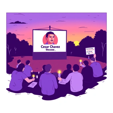 A vibrant sunset casts a warm glow over a gathering of people sitting quietly in a park. In the center, there is a large screen displaying an image of "Cesar Chavez" with a serene expression. The attendees, illuminated by the soft light of the setting sun, hold candles that flicker gently, creating a sense of solidarity. The sky transitions from orange to purple, enhancing the reflective atmosphere. Some participants are holding signs with messages of hope and unity. The scene captures the calmness of the moment as individuals focus on the screen, honoring Chavez's legacy.