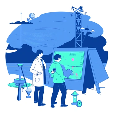 A blue weather station with satellite dishes and antennas is set against a backdrop of dark, ominous clouds. In front of the station, there are two meteorologists, one with a white coat and the other in a teal jacket. They are studying a large, illuminated screen displaying storm surge data and weather radar images. The wind is rustling their clothes, and they hold a tablet while discussing the information. Nearby, there are various weather instruments, including an anemometer and rain gauge, indicating the intensity of the storm.