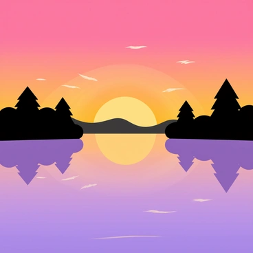 A tranquil lake with a smooth surface reflecting vibrant colors of a sunset sky. The sky displays shades of orange, pink, and purple blending together. Silhouetted trees line the edges of the lake, their dark shapes contrasting against the bright colors. Soft ripples on the water create gentle distortions of the sky's reflection, and a few clouds scatter across the horizon, catching the warm light.