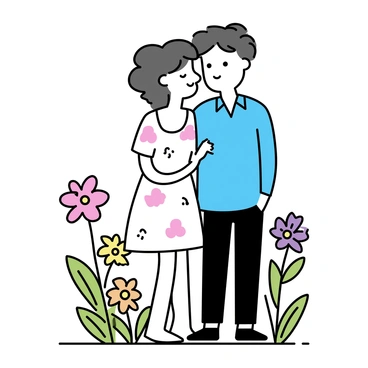 A man and a woman are standing closely together in a lush garden. They are sharing a kiss, their faces gently touching. The man is wearing a light blue shirt and dark jeans, while the woman is dressed in a white summer dress with floral patterns. Around them, there are vibrant flowers in various colors, including red, yellow, and purple, creating a lively atmosphere. Green leaves and stems complement the flowers, adding to the richness of the garden surroundings.