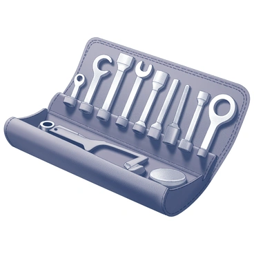 A mechanic's tool roll is partially opened, displaying an array of tools. The tool roll includes various sized spanners neatly arranged in a row, each displaying its distinctive shape and detailing. There are several sockets of different sizes, placed in an organized manner, showcasing their depth and contours. A ratchet is prominently featured, placed near the top section with its handle extended, emphasizing its practical design. The material of the tool roll appears sturdy, with visible stitching and pockets to hold the tools securely.