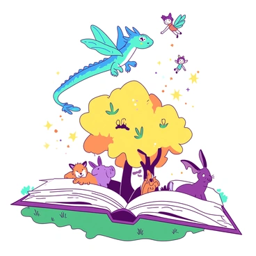An open children's book sits on a grassy surface, its pages spread wide. Colorful illustrations of fantastical creatures and landscapes spill out from the pages, swirling into the air. A whimsical dragon with bright blue scales flies above the book, while tiny fairies with teal wings dance around it. In the foreground, a vibrant, yellow tree with oversized flowers provides a backdrop. Various enchanted animals peek from behind the pages, including a purple rabbit and an orange fox, as shimmering sparkles fill the air around them.