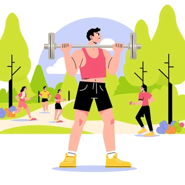 A person with a strong build is performing barbell curls in a vibrant outdoor park. The individual has short black hair and is wearing a bright red tank top and black shorts. They grip a shiny silver barbell with both hands, lifting it towards their shoulders with focused determination. Surrounding them are tall green trees and colorful flower beds, adding to the lively atmosphere of the park. In the background, there are several people jogging along a paved path, enjoying the sunny day. A blue sky with a few fluffy white clouds completes the scene.