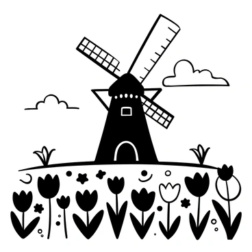 A traditional windmill stands tall in the center of the image, surrounded by a vibrant field of tulips in various shapes and sizes. The windmill's blades are in motion, creating a sense of activity. The tulips cover the ground in intricate patterns, showcasing their distinct forms. In the background, fluffy clouds drift across a clear sky, providing a sense of depth to the scene. The overall composition captures the harmony between the windmill and the tulip field.