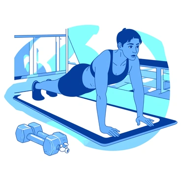 A blue fitness enthusiast is performing pike push-ups on a white gym mat. The individual has a focused expression, with their body elevated in a V-shape, hands firmly placed on the mat. Beside the mat, there are two shiny orange dumbbells resting on the floor. The gym environment features a few exercise equipment items in the background, but they remain out of focus, highlighting the action of the push-up. The light in the space creates a dynamic atmosphere that emphasizes the enthusiasm and energy of the workout.