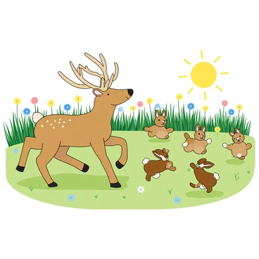 A playful elk with large antlers is dashing around in a sunny clearing. The elk has a light brown coat with white spots and a friendly expression. A group of five small rabbits, each with fluffy tails and varying colors of fur, are hopping and running in different directions, trying to avoid the elk. The clearing is surrounded by tall, green grass and scattered wildflowers in bright colors. The sun shines brightly, casting playful shadows on the ground as the animals frolic together in the warm, cheerful atmosphere.