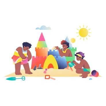 A group of children is on a sandy beach, enthusiastically building sandcastles. Each sandcastle is uniquely painted in vibrant colors from the color wheel, including red, orange, yellow, green, blue, indigo, and violet. The children are wearing colorful swimsuits; one child with curly hair is pouring sand into a bucket, while another child with a sun hat is carefully shaping a turret with their hands. There are beach toys scattered around, including a bright blue shovel and a red pail. The sun is shining brightly above, casting playful shadows on the sand.