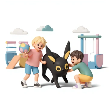 A black Umbreon with bright yellow rings is playing joyfully with two children in a lively playground. One child, a girl with blonde hair wearing a red t-shirt and blue shorts, is laughing while holding a colorful ball. The other child, a boy with brown hair in a green shirt and yellow shorts, is crouching down to pet the Umbreon, who is playfully jumping around them. In the background, there are colorful swings and slides, and the sky is clear with a few fluffy clouds, creating a vibrant and joyful atmosphere.
