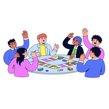 A group of players sitting around a table, each with an excited expression on their faces. Their hands are raised eagerly, signaling their intention to bid. A colorful Monopoly game board is spread out in front of them, along with colorful game pieces and stacks of Monopoly money. The players are wearing casual clothing, and various snacks are placed on the table beside them.