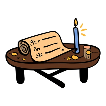 An open ancient scroll resting on a dark wooden table. The scroll has faded and intricate writing visible on its surface. There are faint floral designs along the edges. The scene is illuminated by soft candlelight, casting warm, flickering shadows on the table. A small, lit candle stands beside the scroll, creating a cozy atmosphere. The wood of the table has visible grain and texture, adding depth to the setting.