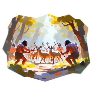 A group of Neanderthals comprised of men and women with robust physiques is skillfully encircling a herd of wild deer in a dense forest. The Neanderthals are dressed in animal hides, their facial expressions focused and determined. Some of them wield primitive wooden spears, while others utilize hand-axes. The deer are startled, their eyes wide and bodies tense as they attempt to escape. The surroundings feature tall trees with lush green foliage and patches of underbrush, creating a sense of urgency in the hunt. A few Neanderthals are crouched low, blending into the environment, while others stand ready to spring into action at a moment's notice. The sunlight filters through the trees, casting dappled shadows on the forest floor.