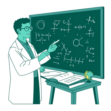 A teal professor with glasses is standing in front of a blackboard filled with intricate white scientific diagrams and complex equations. The professor is holding a piece of white chalk, diligently writing on the board. He has short, neatly combed hair and is wearing a white lab coat over a blue shirt. On a nearby wooden table, there are several open books and a small yellow globe, adding to the academic atmosphere of the scene. The professor appears focused, with a slight smile as he shares his knowledge through the equations.