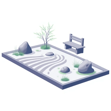 A Zen garden featuring a flat expanse of meticulously raked sand that creates sweeping patterns. Large, smooth stones are strategically placed throughout the garden, each varying in size and shape. Sparse greenery, such as small shrubs or moss, is located in specific areas, contrasting with the sand. A simple wooden bench is situated nearby, offering a place for contemplation. The scene conveys a sense of calm and order, with all elements arranged harmoniously.