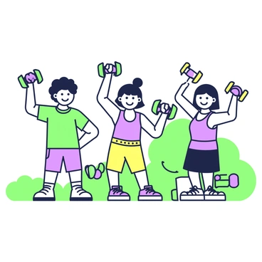A group of kids are in a playful environment, each engaged in mimicking bicep curls with small dumbbells. There are three children: one child with curly hair in a green shirt, another child with straight hair wearing a purple tank top, and a third child with a ponytail in a yellow shirt. They are holding brightly colored dumbbells, each child has a different color. The background features a grassy area with a few trees and colorful mats on the ground. The children are smiling and encouraging each other as they lift their weights in an energetic manner.