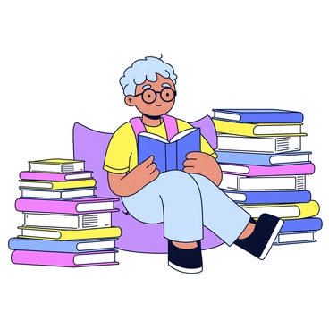 A character with short hair, wearing glasses, is sitting on a soft cushion with a book open in their hands. They are surrounded by several stacks of books of varying sizes, some with colorful spines and others with simple designs. The character is focused on the book, with a small smile on their face. The scene conveys a sense of comfort and tranquility, with the lines clean and minimalistic.
