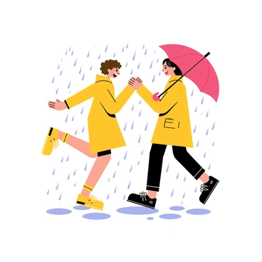 Two people are dancing together under a shower of rain, their expressions filled with joy and laughter. One person has curly brown hair and is wearing a bright yellow raincoat, while the other has straight black hair and is dressed in a vibrant red umbrella. Raindrops are splashing around them, creating ripples in puddles on the ground. The background features blurry outlines of trees and buildings, hinting at the setting of a lively city.