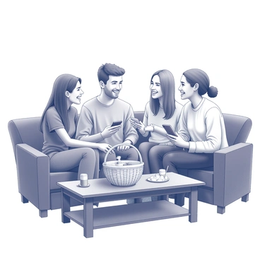 A group of four friends is gathered in a cozy living room, sitting on a comfortable couch. They are smiling and engaging with each other, creating an atmosphere of camaraderie. Each friend is holding a smartphone, and they are actively placing their devices into a woven basket located on a nearby table. The table, made of dark wood, has a few snacks and drinks on it, adding to the social setting. The friends are of diverse backgrounds, showcasing different hairstyles and styles of clothing. The room is filled with soft lighting, enhancing the feeling of warmth and togetherness.