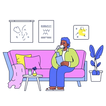 A patient sitting comfortably in a cozy living room. The patient is wearing a nasal cannula connected to an oxygen tank. The room is warm and inviting, with soft lighting and a plush sofa. There are decorative pillows on the sofa and a small table with a glass of water nearby. A plant is placed in the corner, and a soft throw blanket is draped over the arm of the sofa. The overall atmosphere is peaceful and nurturing.