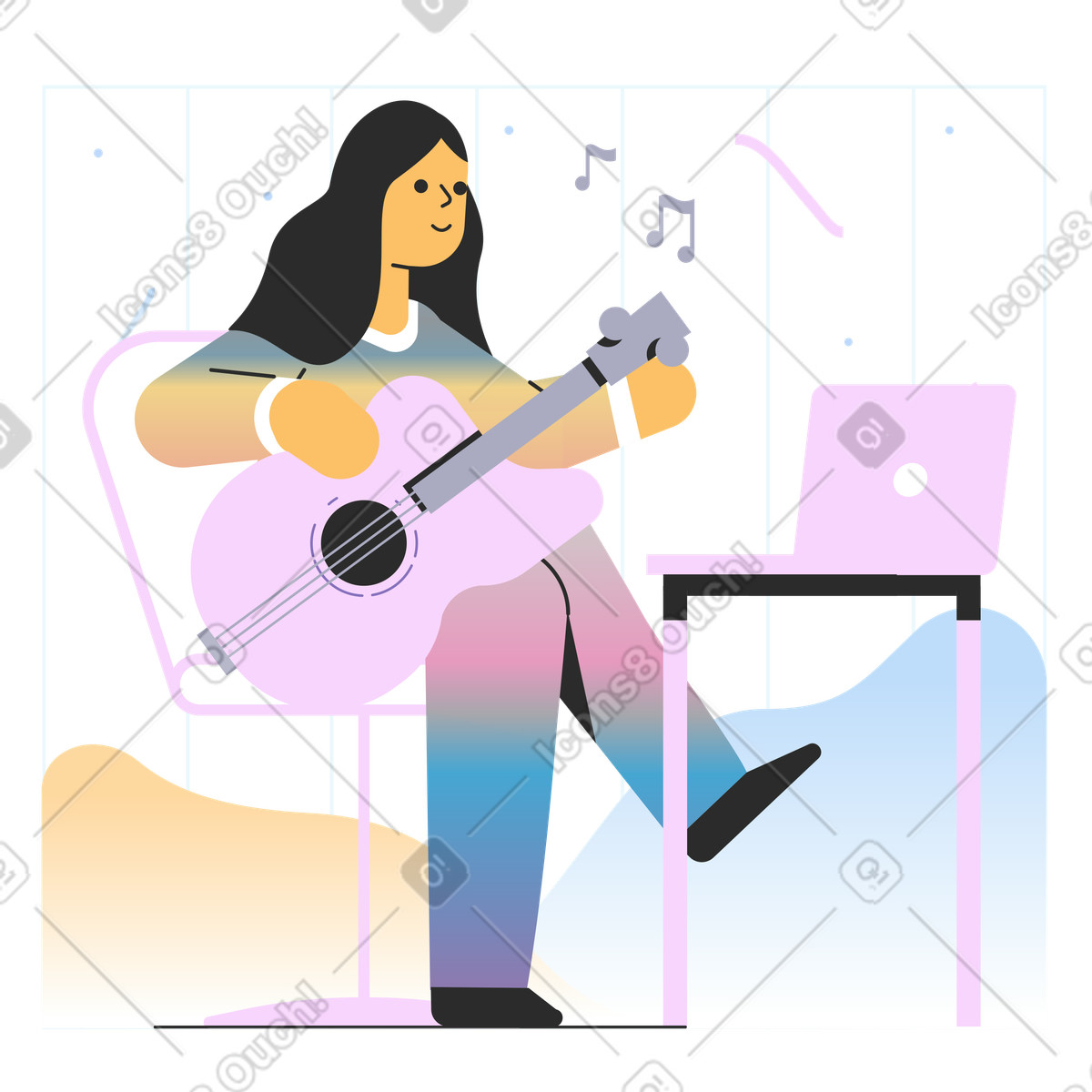 Mädchen, das online-musikunterricht hat-Illustration im Marginalia-Stil als Download in PNG, SVG