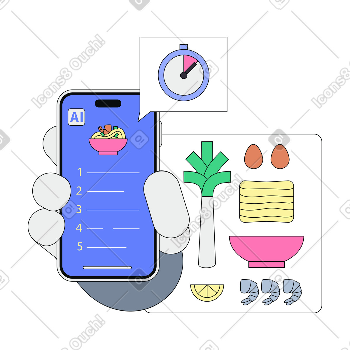 Mobile app tracking cooking steps, AI powered meal preparation illustration in Teko style download in PNG, SVG